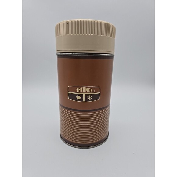 Vintage King-Seeley Metal Thermos 10 oz  Wide Mouth Tan & Brown Striped #6263 - Picture 1 of 12